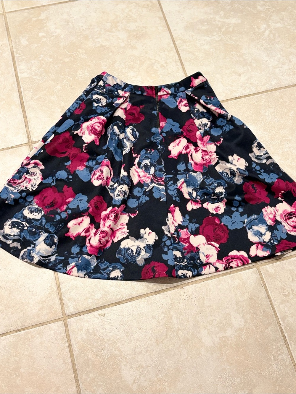 Aqua Navy Circle Pleated Skater Midi Skirt with Pink & Blue Roses Office Size S